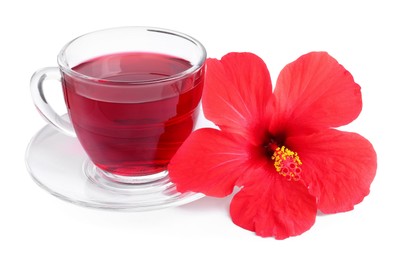 Photo of Delicious hibiscus tea in glass cup and beautiful flower isolated on white