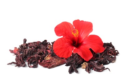 Photo of Hibiscus tea. Dried roselle sepals and beautiful flower isolated on white