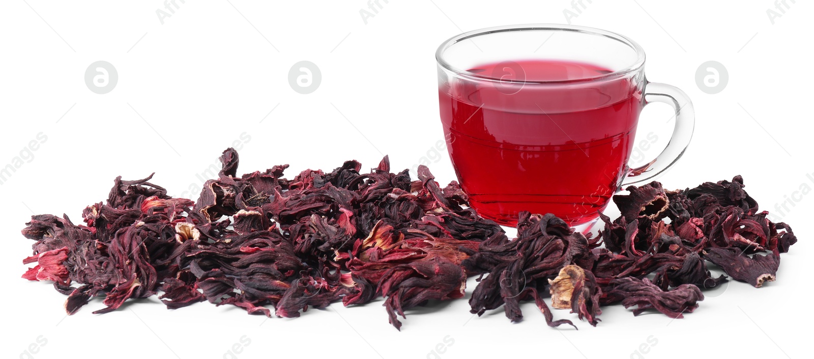 Delicious hibiscus tea in glass cup and dry roselle sepals isolated on white Photo of Delicious hibiscus tea in glass cup and dry roselle sepals isolated on white