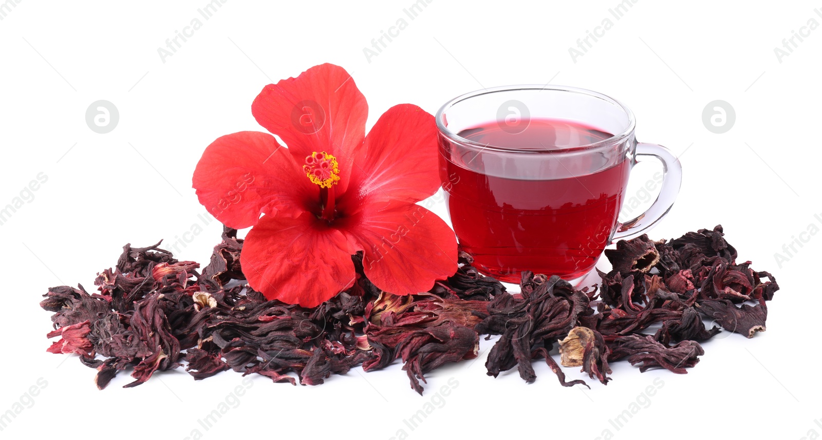Delicious hibiscus tea in glass cup, dry roselle sepals and beautiful flower isolated on white Photo of Delicious hibiscus tea in glass cup, dry roselle sepals and beautiful flower isolated on white
