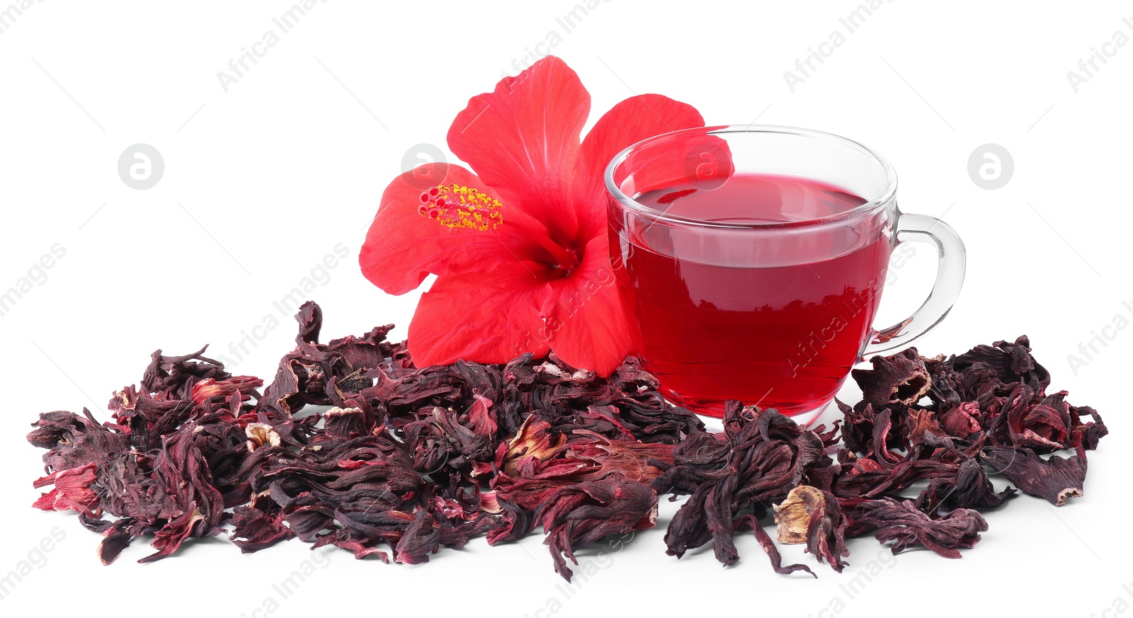 Delicious hibiscus tea in glass cup, dry roselle sepals and beautiful flower isolated on white Photo of Delicious hibiscus tea in glass cup, dry roselle sepals and beautiful flower isolated on white