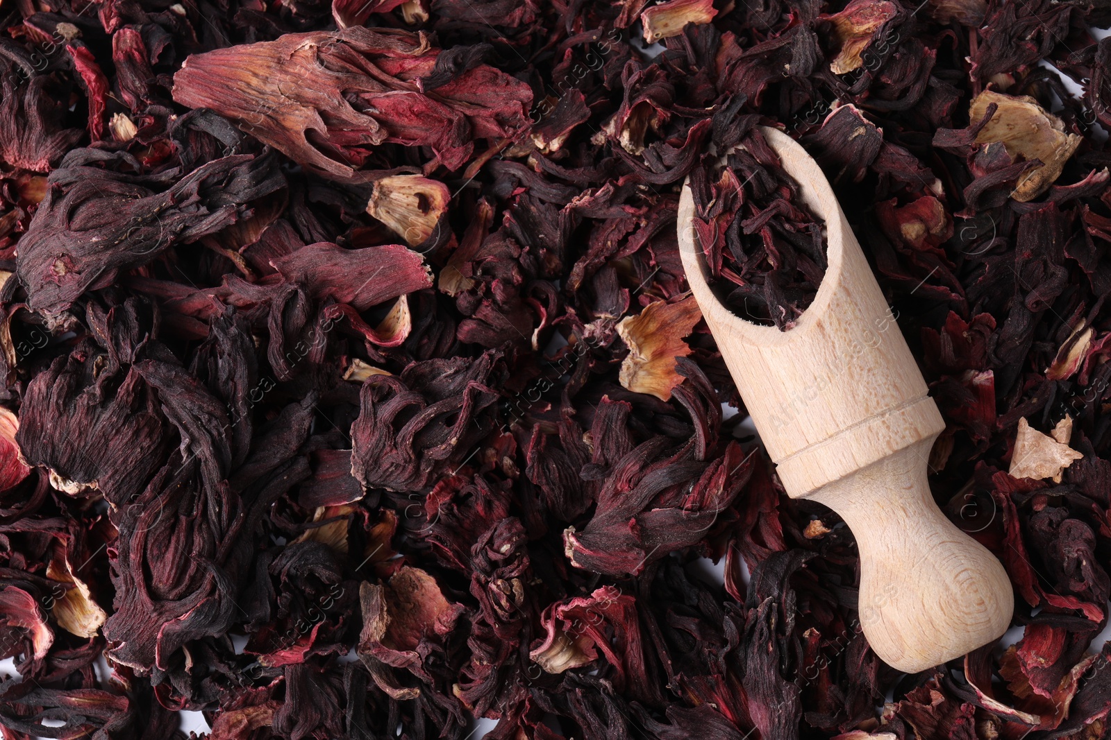 Hibiscus tea. Wooden scoop with dried roselle sepals, top view Photo of Hibiscus tea. Wooden scoop with dried roselle sepals, top view