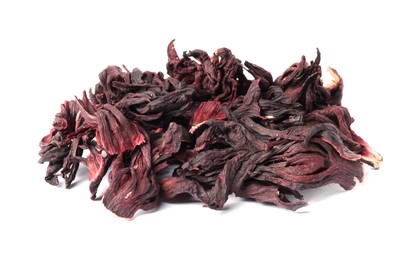 Photo of Hibiscus tea. Dried roselle sepals isolated on white