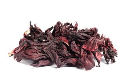 Photo of Hibiscus tea. Dried roselle sepals isolated on white