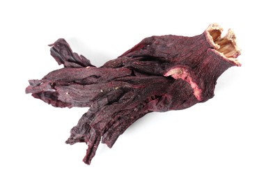 Photo of Hibiscus tea. Dried roselle sepal isolated on white, top view