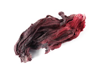 Photo of Hibiscus tea. Dried roselle sepal isolated on white, top view
