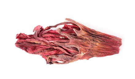 Photo of Hibiscus tea. Dried roselle sepal isolated on white, top view