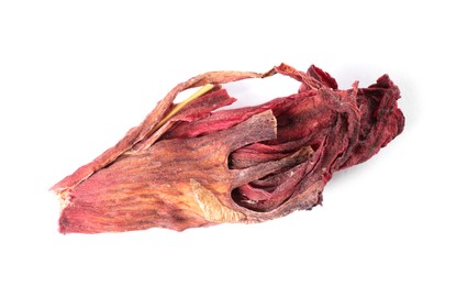 Photo of Hibiscus tea. Dried roselle sepal isolated on white, top view
