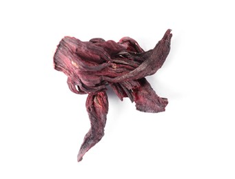 Photo of Hibiscus tea. Dried roselle sepal isolated on white, top view