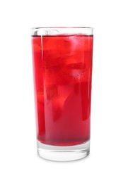 Photo of Delicious hibiscus tea with ice cubes in glass isolated on white