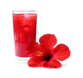 Photo of Delicious hibiscus tea with ice cubes in glass and beautiful flower isolated on white