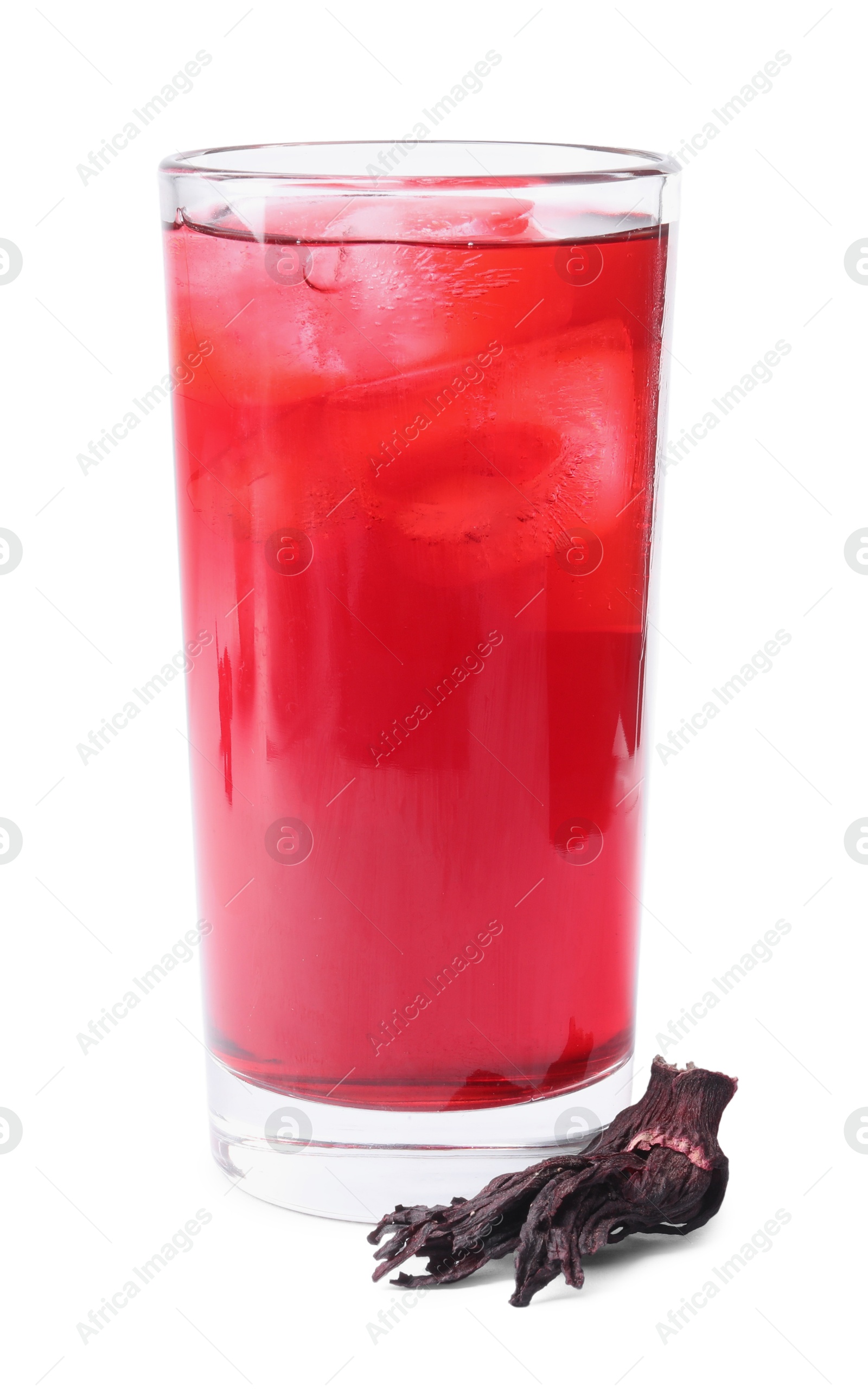 Delicious hibiscus tea with ice cubes in glass and dry roselle sepals isolated on white Photo of Delicious hibiscus tea with ice cubes in glass and dry roselle sepals isolated on white
