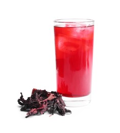 Photo of Delicious hibiscus tea with ice cubes in glass and dry roselle sepals isolated on white