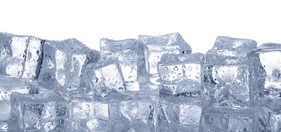 Photo of Cubes of clear ice on white background