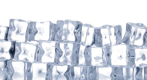 Photo of Cubes of clear ice on white background