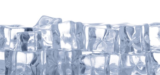Photo of Cubes of clear ice on white background