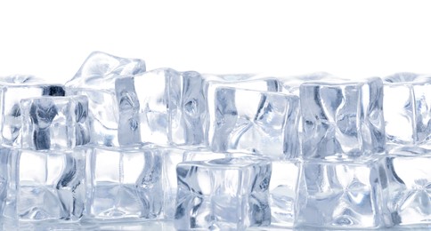 Photo of Cubes of clear ice on white background