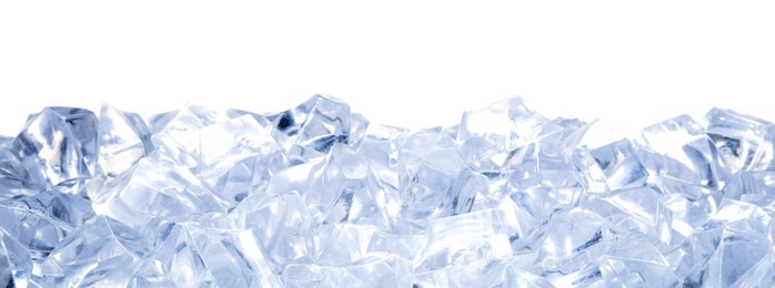 Photo of Cubes of clear ice on white background