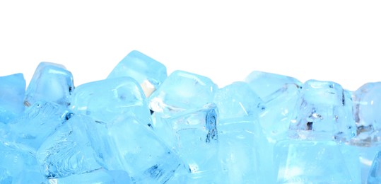 Photo of Cubes of clear ice on white background