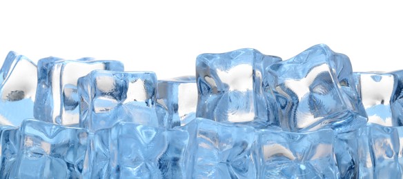 Photo of Cubes of clear ice on white background