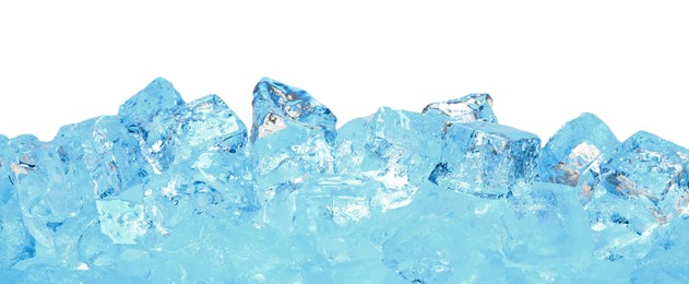 Photo of Cubes of clear ice on white background