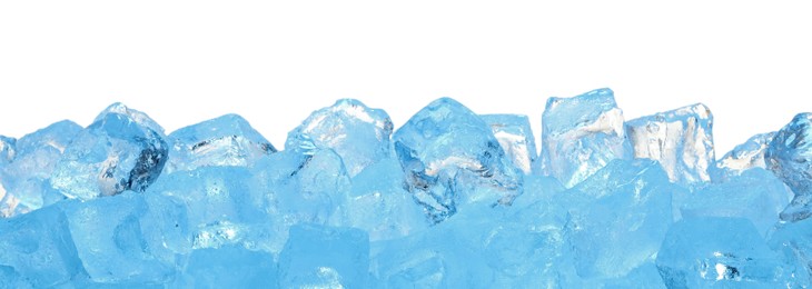 Photo of Cubes of clear ice on white background