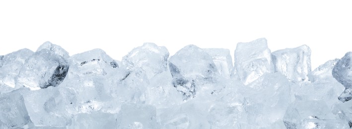 Photo of Cubes of clear ice on white background