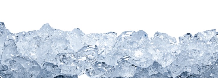 Photo of Cubes of clear ice on white background