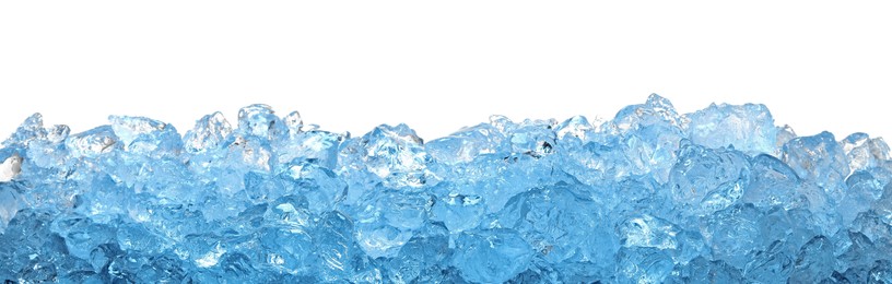 Photo of Cubes of clear ice on white background