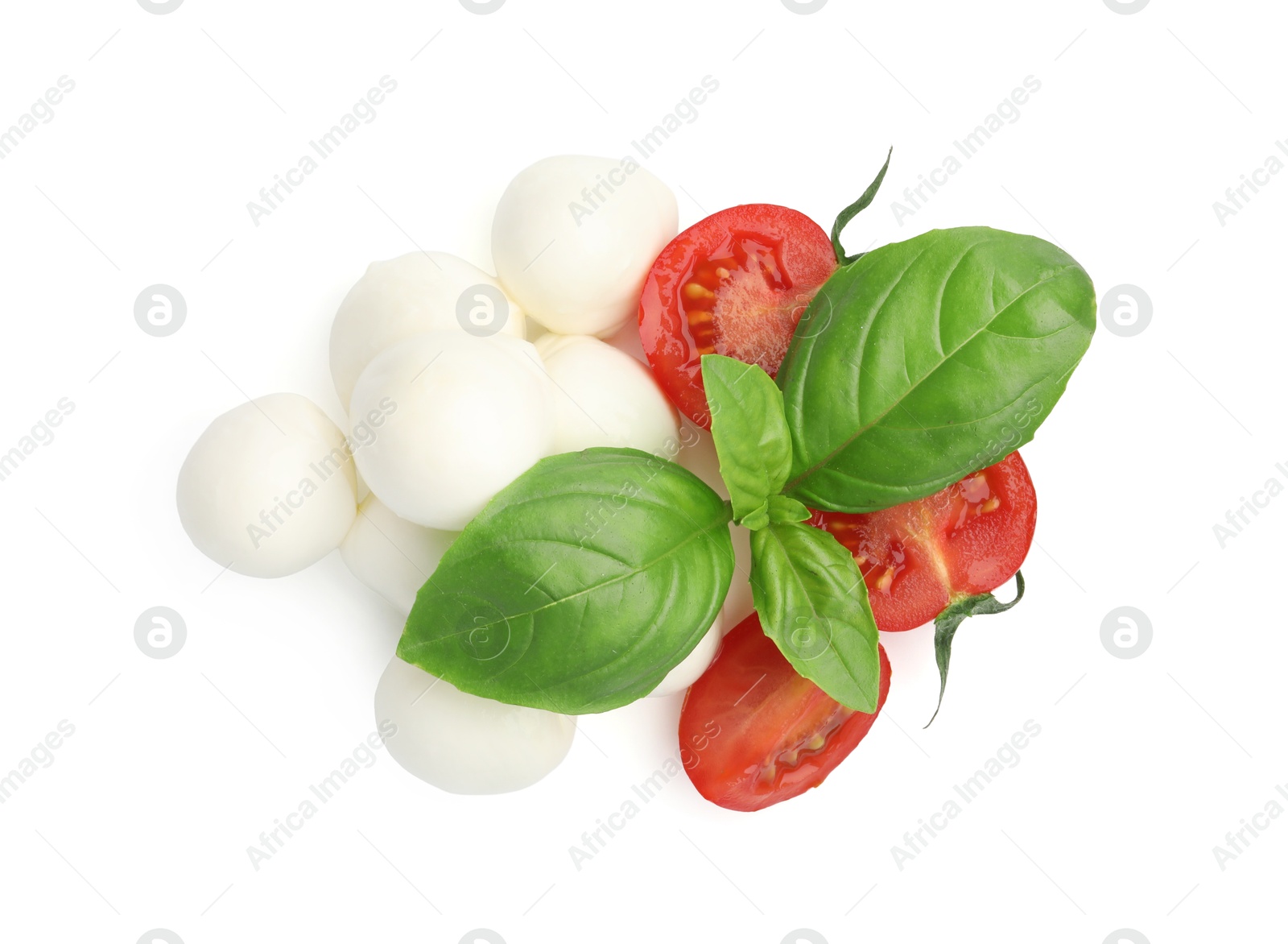 Tasty mozzarella cheese balls, tomatoes and basil isolated on white, top view Photo of Tasty mozzarella cheese balls, tomatoes and basil isolated on white, top view