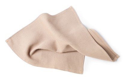Photo of Clean beige waffle towel isolated on white, top view