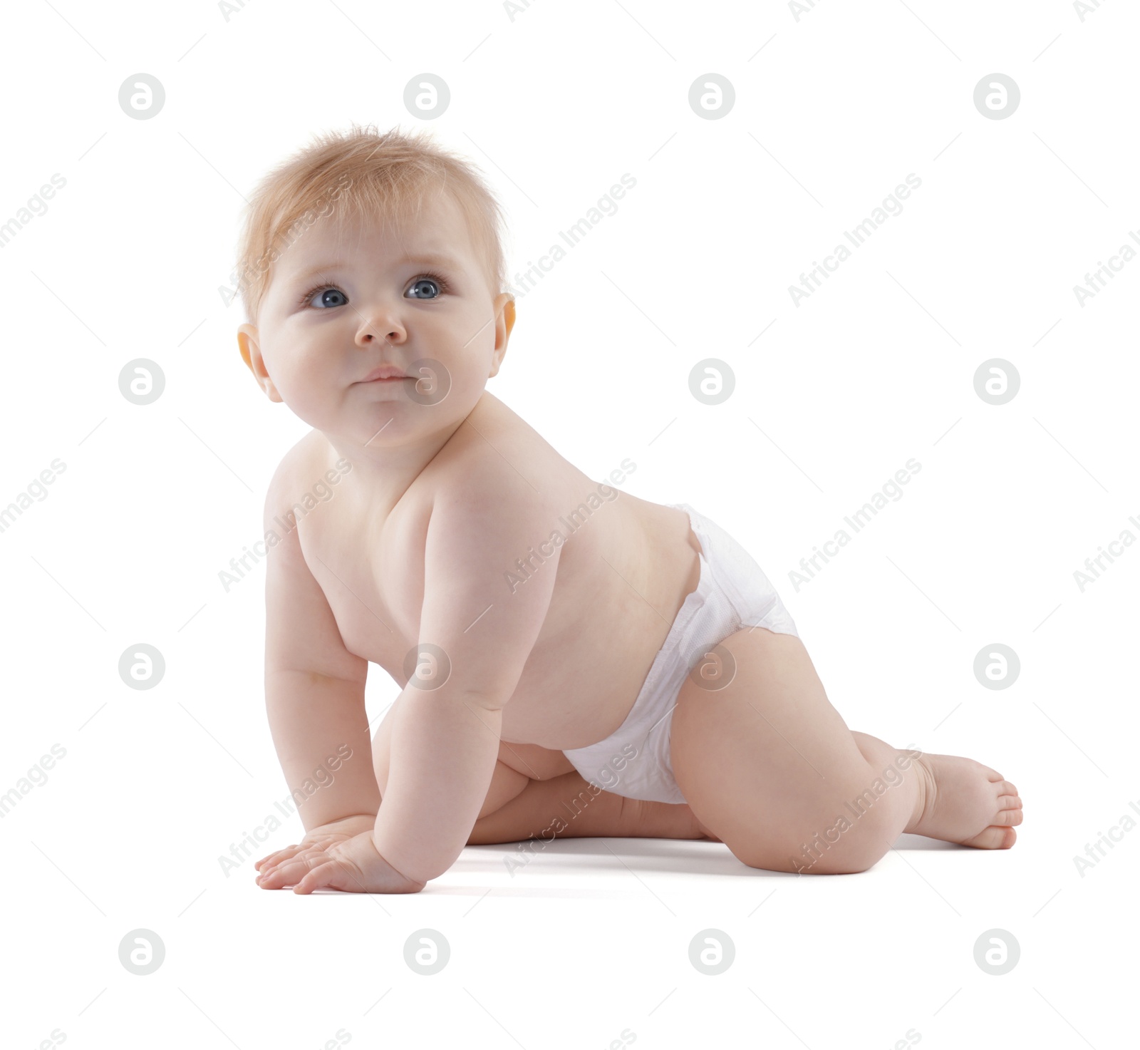 Cute little baby in diaper on white background Photo of Cute little baby in diaper on white background