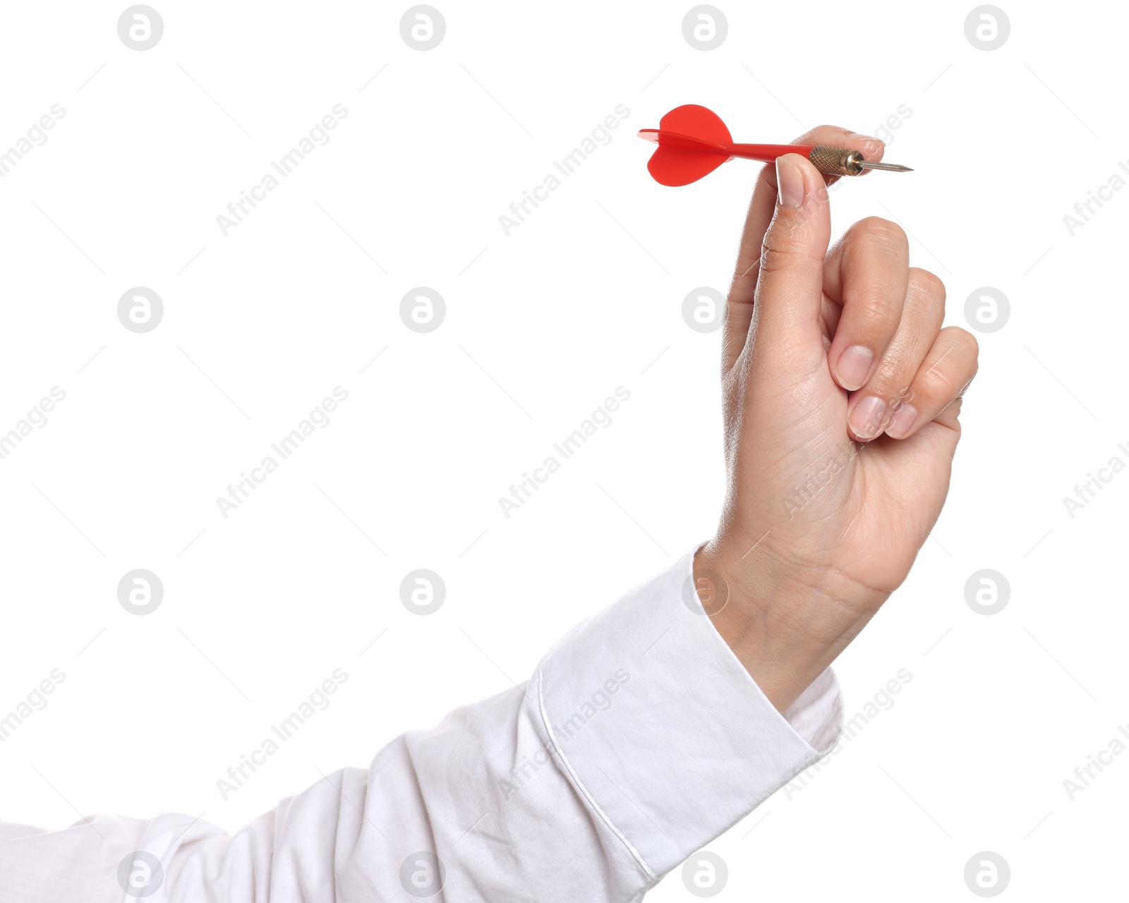 Targeting. Woman with dart on white background, closeup Photo of Targeting. Woman with dart on white background, closeup