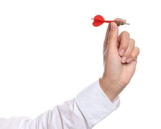 Photo of Targeting. Woman with dart on white background, closeup