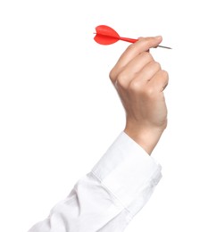 Photo of Targeting. Woman with dart on white background, closeup