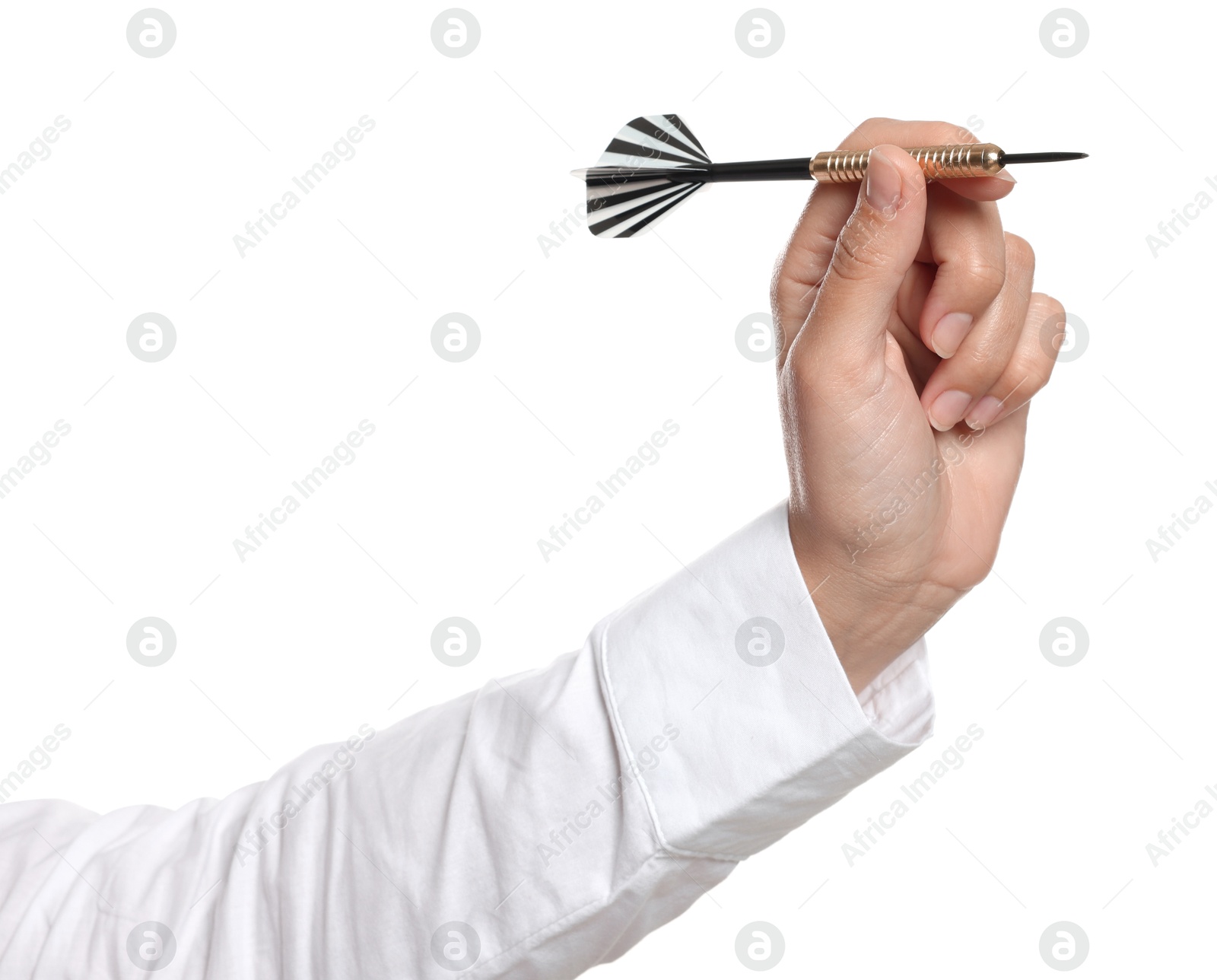Targeting. Woman with dart on white background, closeup Photo of Targeting. Woman with dart on white background, closeup