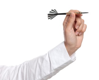Photo of Targeting. Woman with dart on white background, closeup