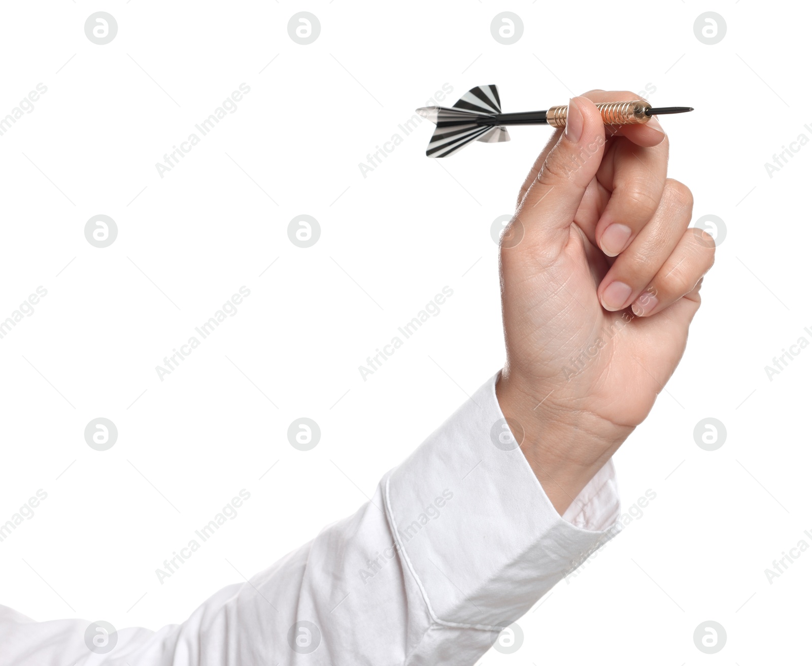 Targeting. Woman with dart on white background, closeup Photo of Targeting. Woman with dart on white background, closeup