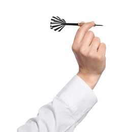 Photo of Targeting. Woman with dart on white background, closeup