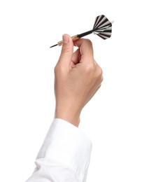 Photo of Targeting. Woman with dart on white background, closeup