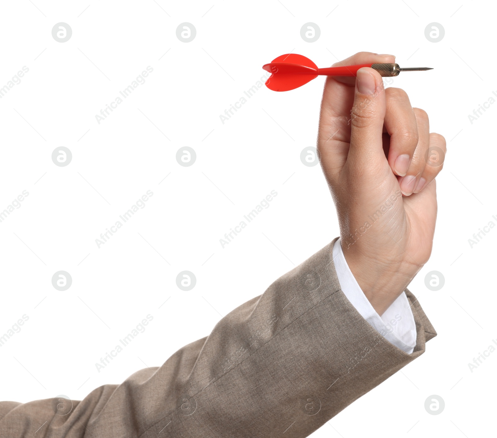 Targeting. Woman with dart on white background, closeup Photo of Targeting. Woman with dart on white background, closeup