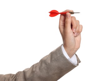 Photo of Targeting. Woman with dart on white background, closeup