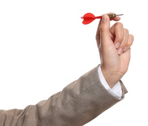 Photo of Targeting. Woman with dart on white background, closeup