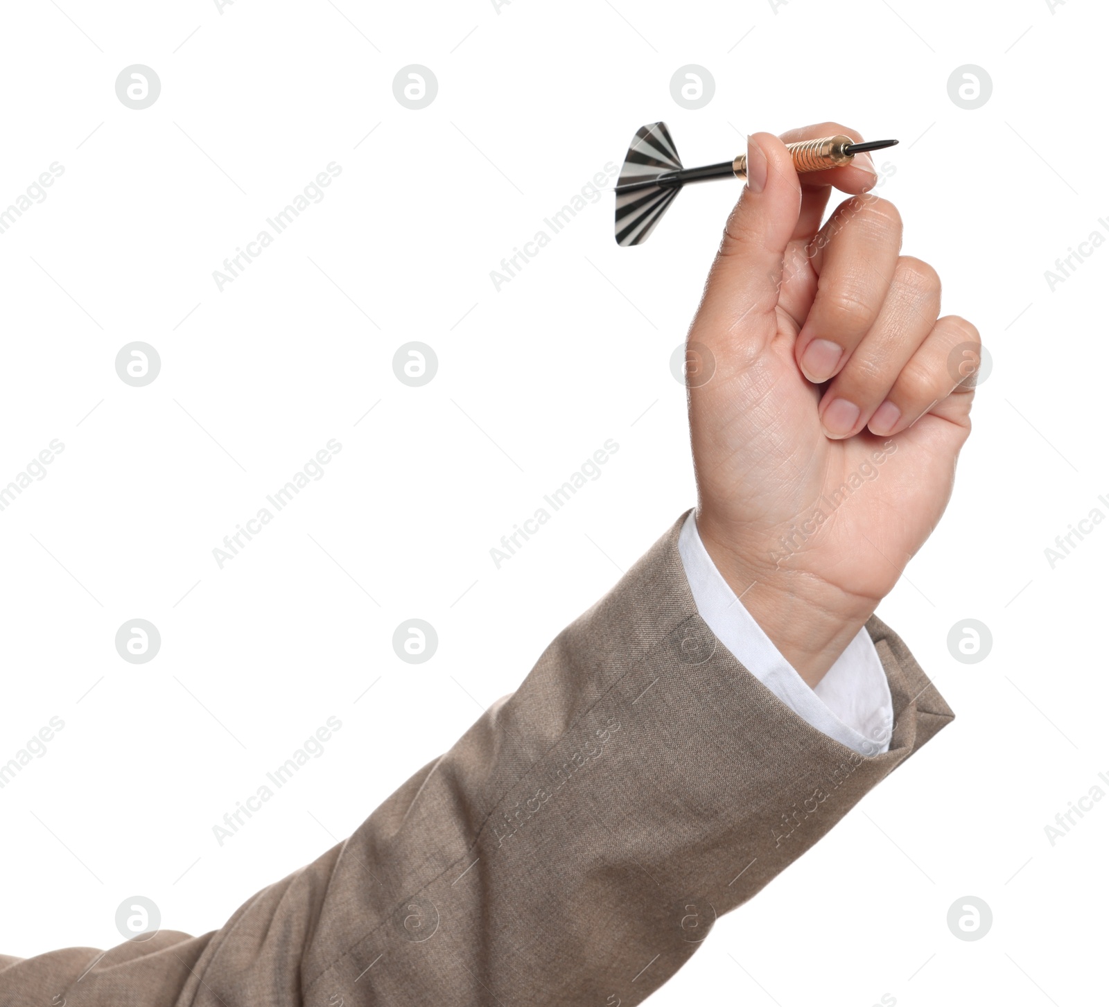 Targeting. Woman with dart on white background, closeup Photo of Targeting. Woman with dart on white background, closeup
