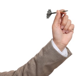 Photo of Targeting. Woman with dart on white background, closeup