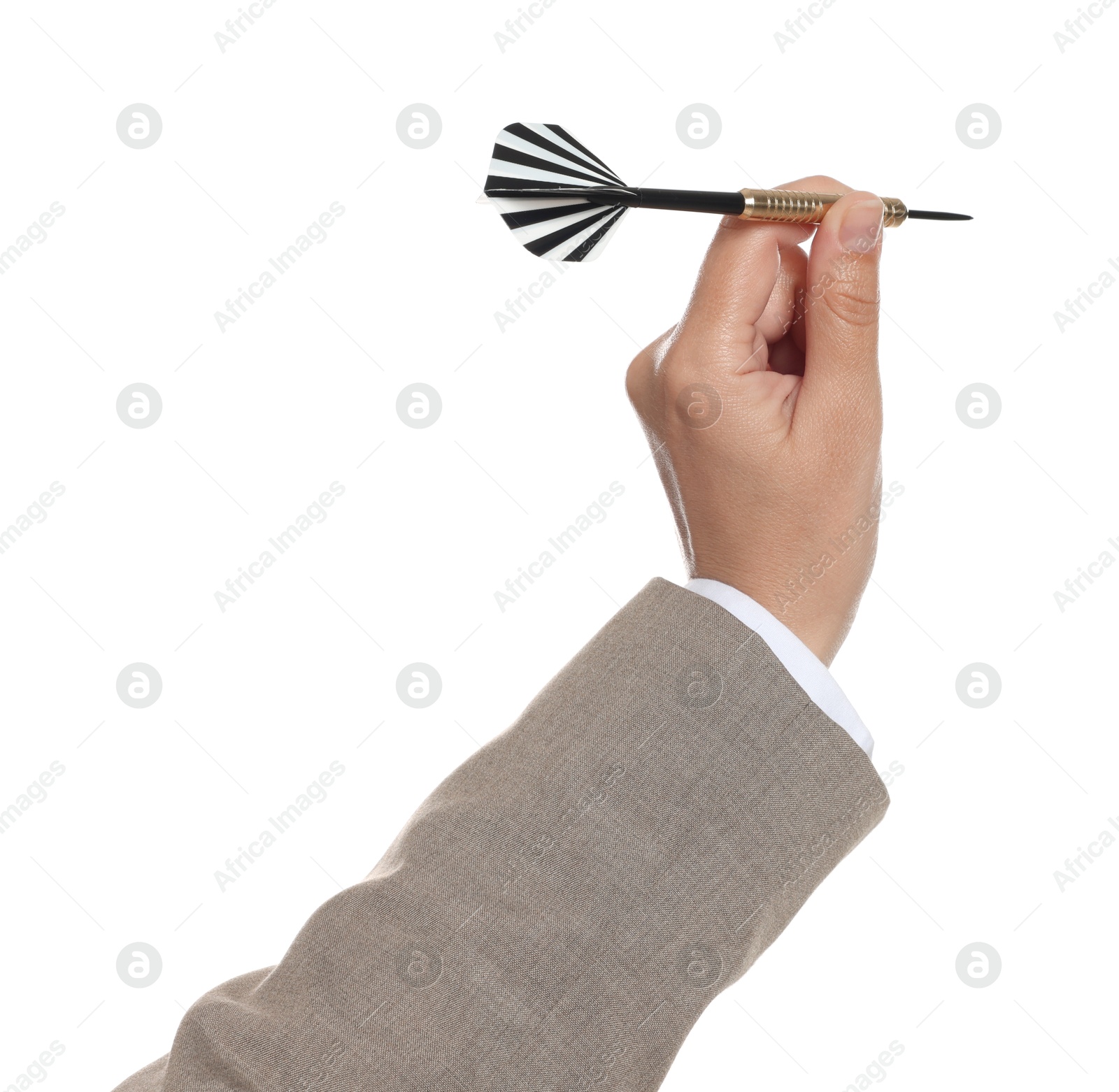 Targeting. Woman with dart on white background, closeup Photo of Targeting. Woman with dart on white background, closeup