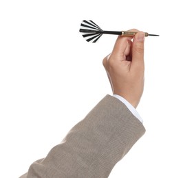 Photo of Targeting. Woman with dart on white background, closeup