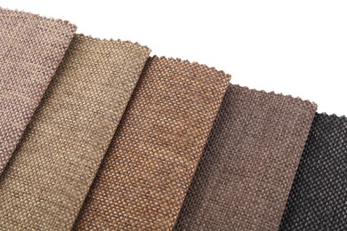 Photo of Samples of different fabrics isolated on white