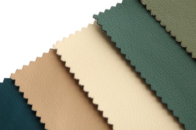 Photo of Samples of different fabrics isolated on white, top view