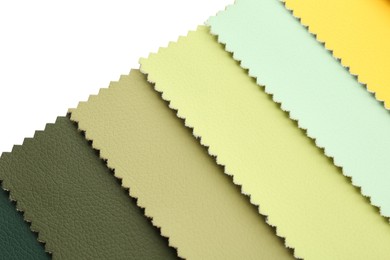 Photo of Samples of different fabrics isolated on white, top view